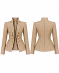 In a World of Basics Be a Peacock blazer — front and back flat lay, camel dot jacquard with gold buttons