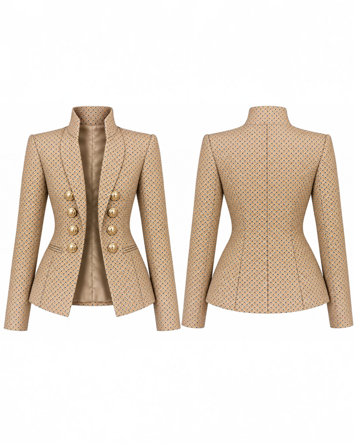 In a World of Basics Be a Peacock blazer — front and back flat lay, camel dot jacquard with gold buttons
