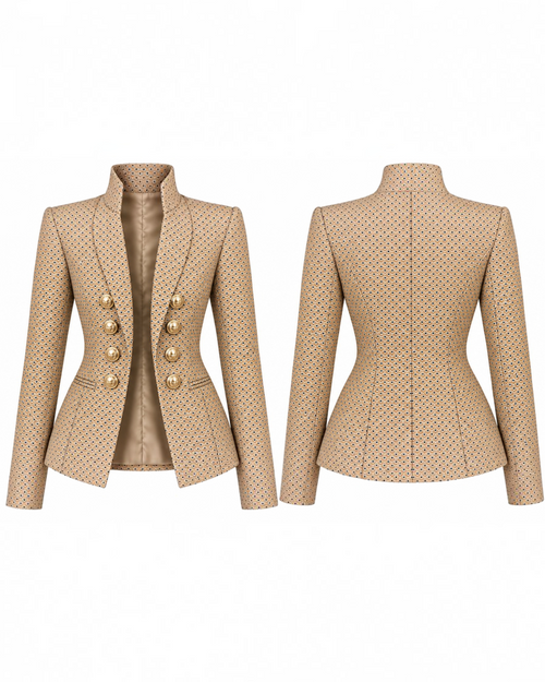In a World of Basics Be a Peacock blazer — front and back flat lay, camel dot jacquard with gold buttons
