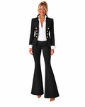 Model wearing the Phural Board Meeting tailored blazer with flared trousers.