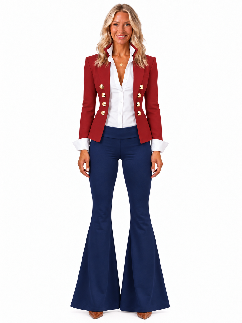 Rouge Noir Board Meeting Blazer styled with a white shirt, navy foldover flares and brown heels.