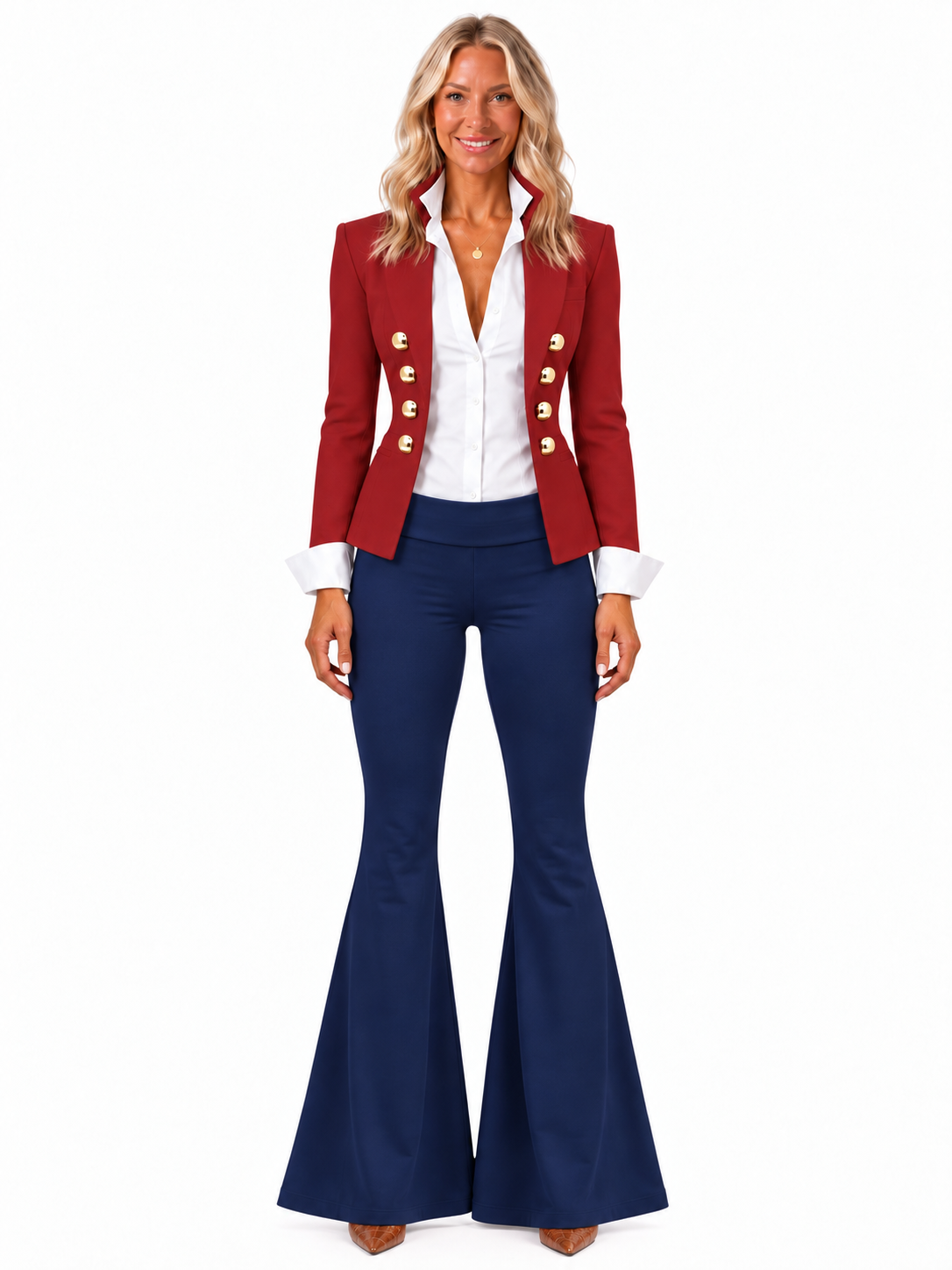 Rouge Noir Board Meeting Blazer styled with a white shirt, navy foldover flares and brown heels.
