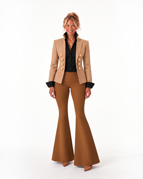 In a World of Basics Be a Peacock blazer — styled on model, front view