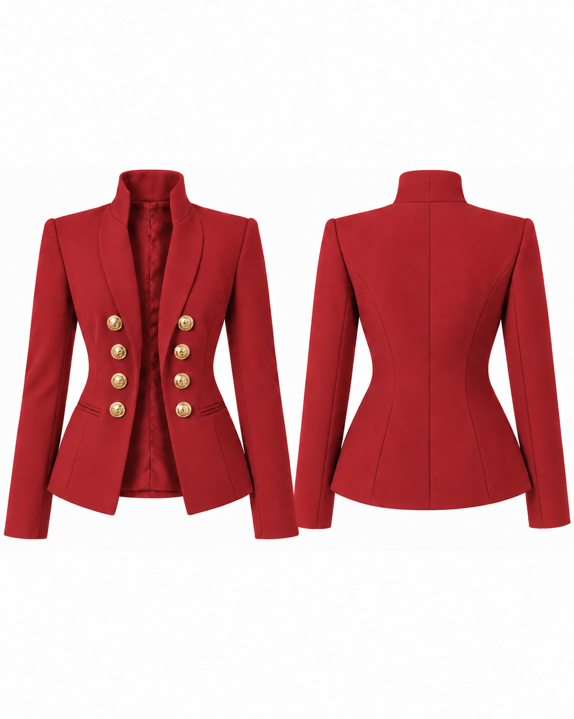 Rouge Noir Board Meeting Blazer shown front and rear with a shaped waist, structured shoulders and gold button detailing.