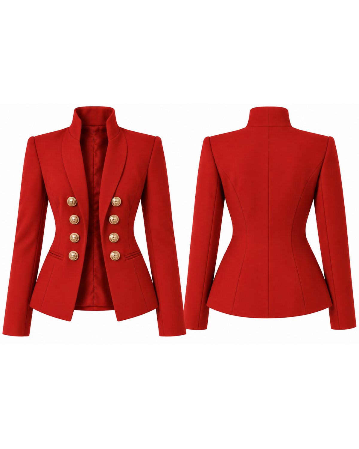 Phural Board Meeting Blazer in red featuring a structured silhouette, high collar, and gold double-breasted buttons.