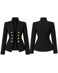 Phural Board Meeting Blazer in navy featuring a structured silhouette, high collar, and gold double-breasted buttons.