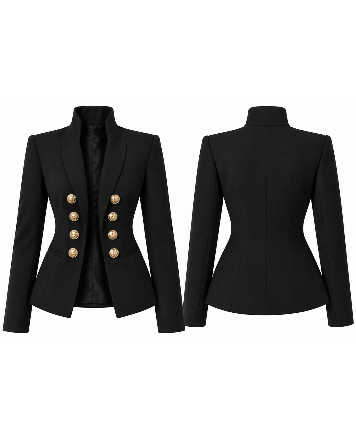 Phural Board Meeting Blazer in navy featuring a structured silhouette, high collar, and gold double-breasted buttons.