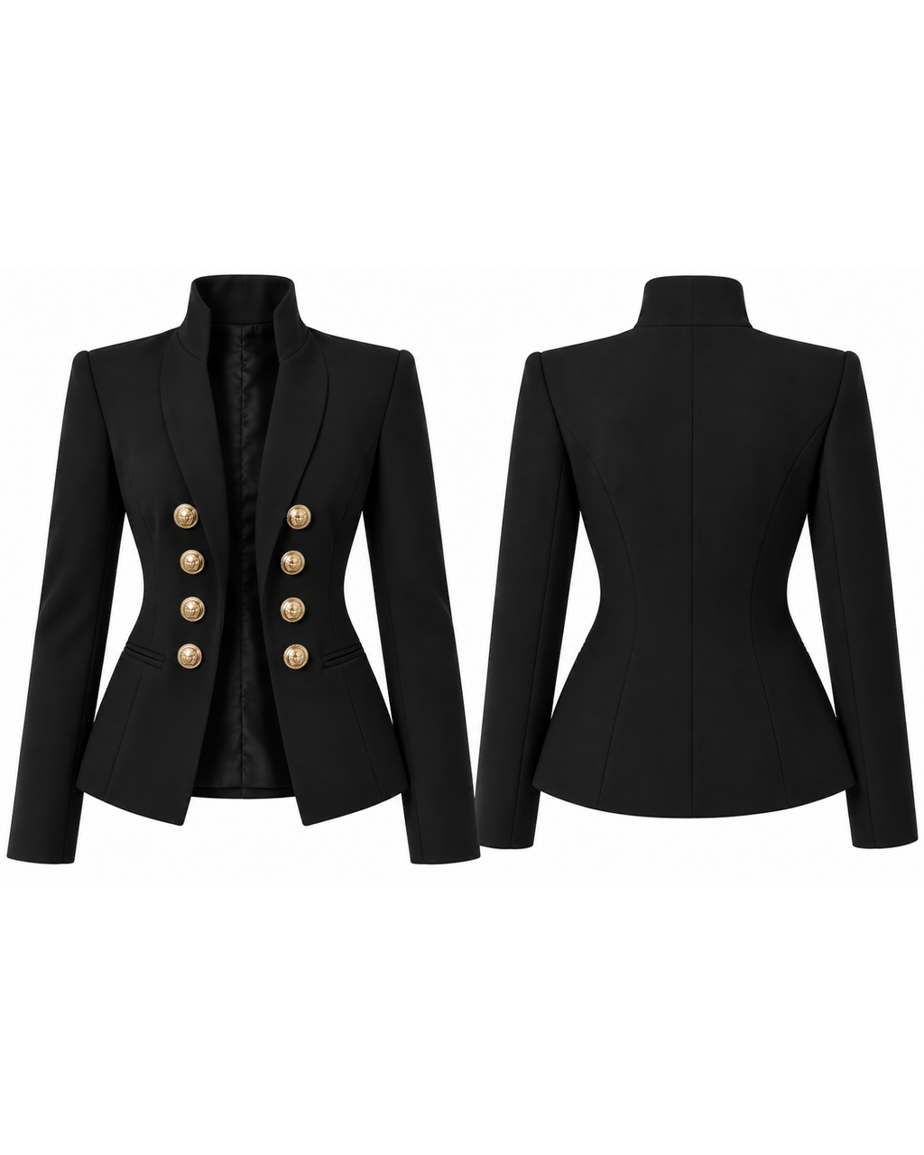 Front and back views of the black Board Meeting Blazer, showing a stand collar, fitted waist and gold buttons.