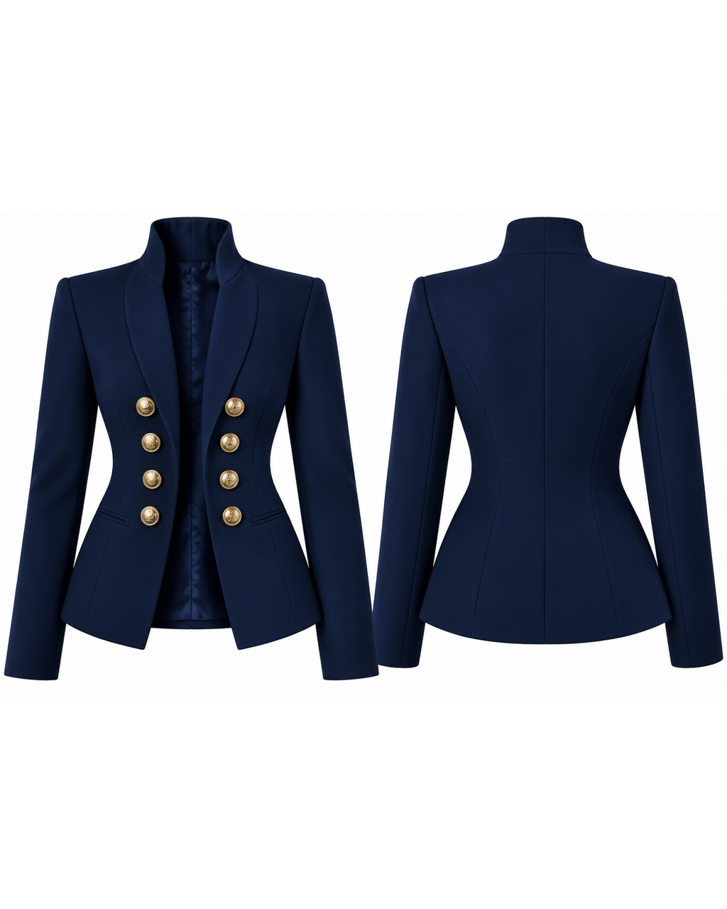 Phural Board Meeting Blazer in navy blue nylon-spandex with gold buttons and a structured stand collar