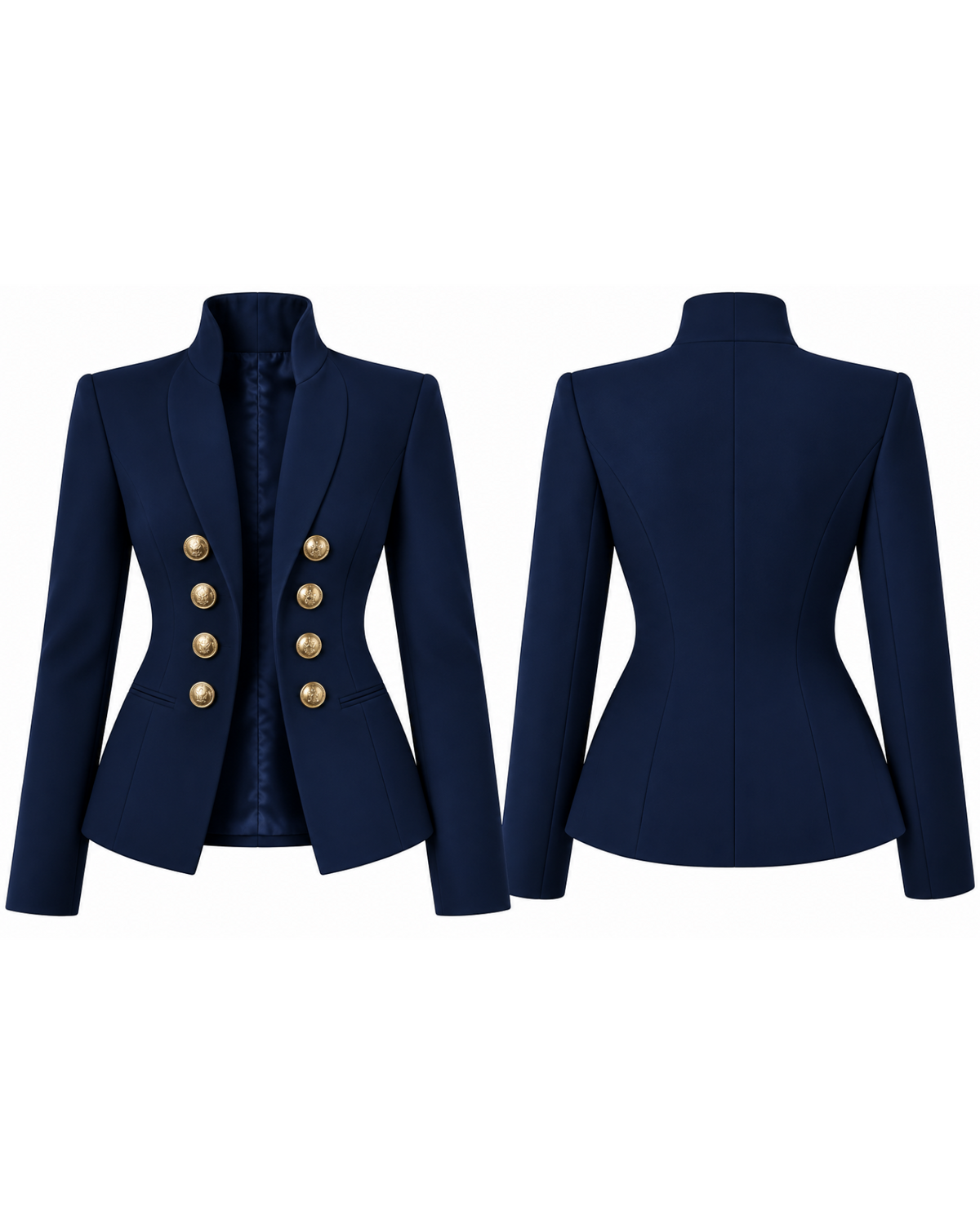 Phural Board Meeting Blazer in navy blue nylon-spandex with gold buttons and a structured stand collar