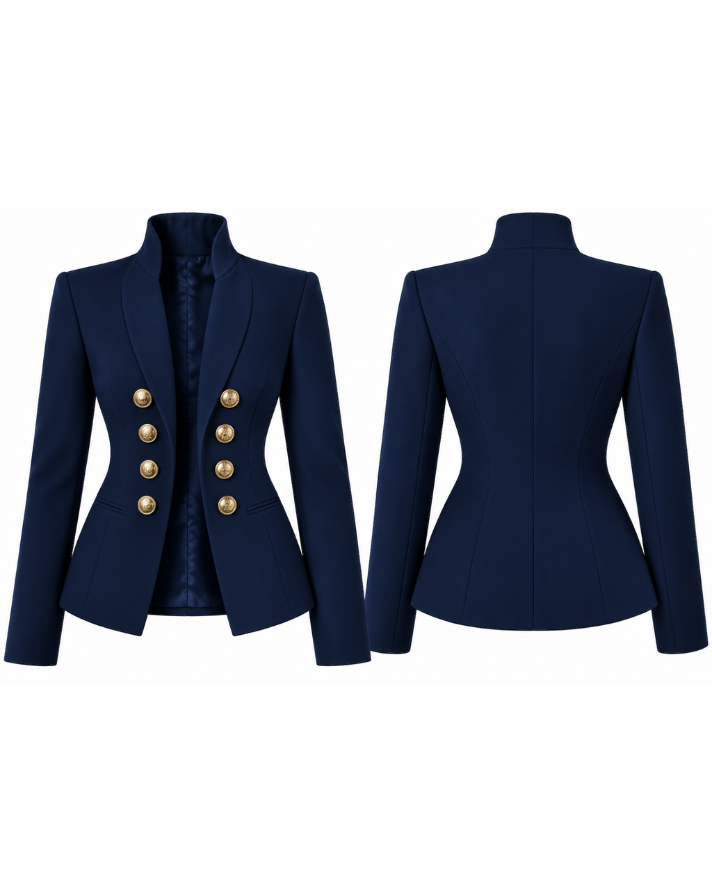 Navy Board Meeting Blazer displayed from the front and back, showing its shaped seams and gold button detailing.