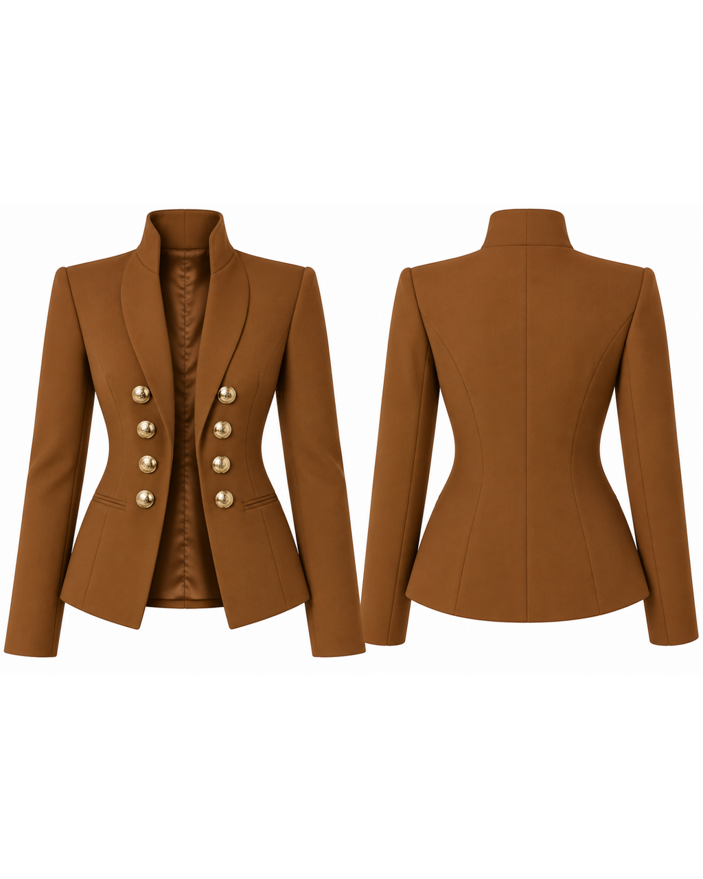 Phural Board Meeting Blazer in brown with gold buttons, featuring a structured collar and tailored fit.