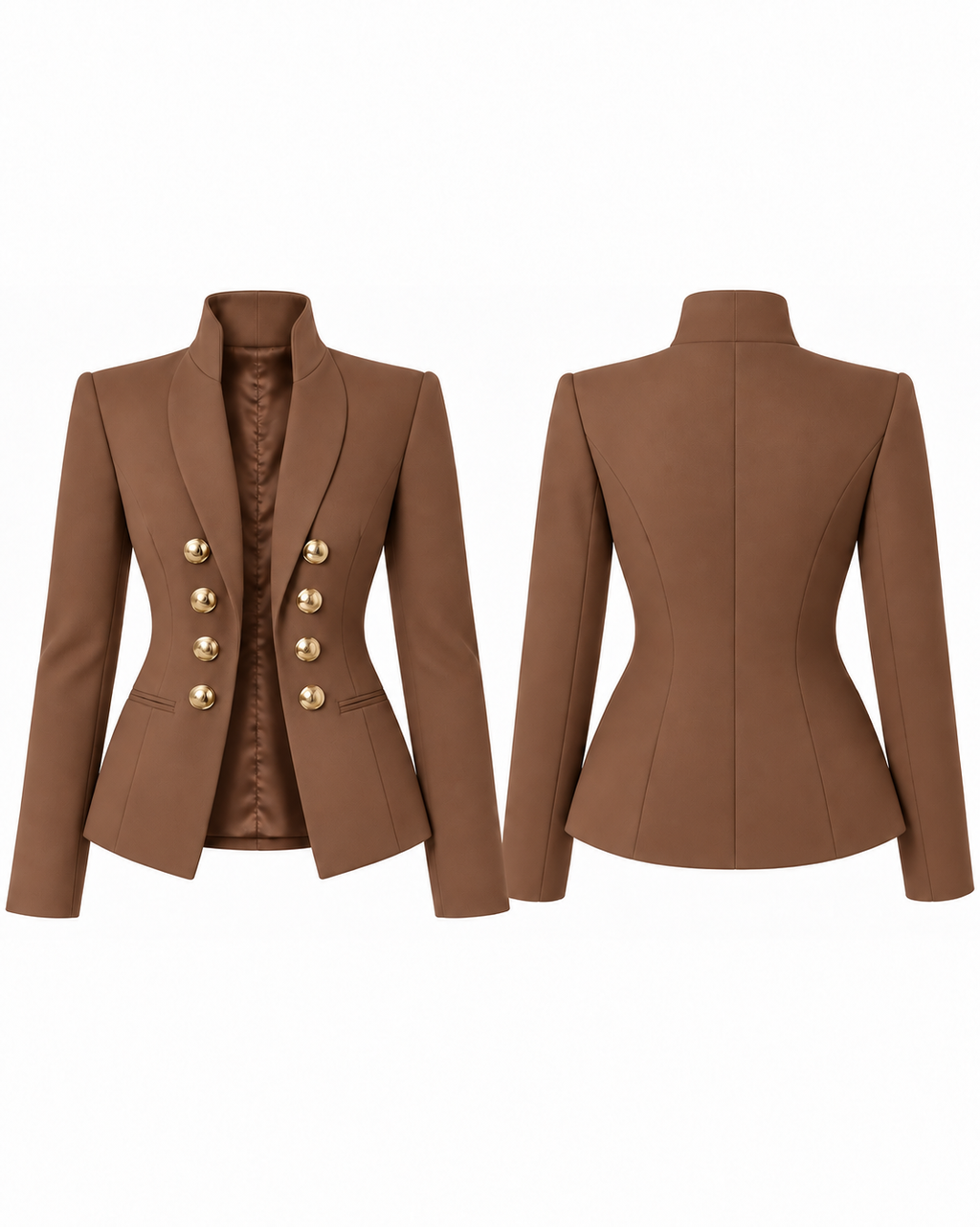 Caramel Cocoa Cashmere Board Meeting Blazer in paired front and back product views, with a stand collar and gold buttons.