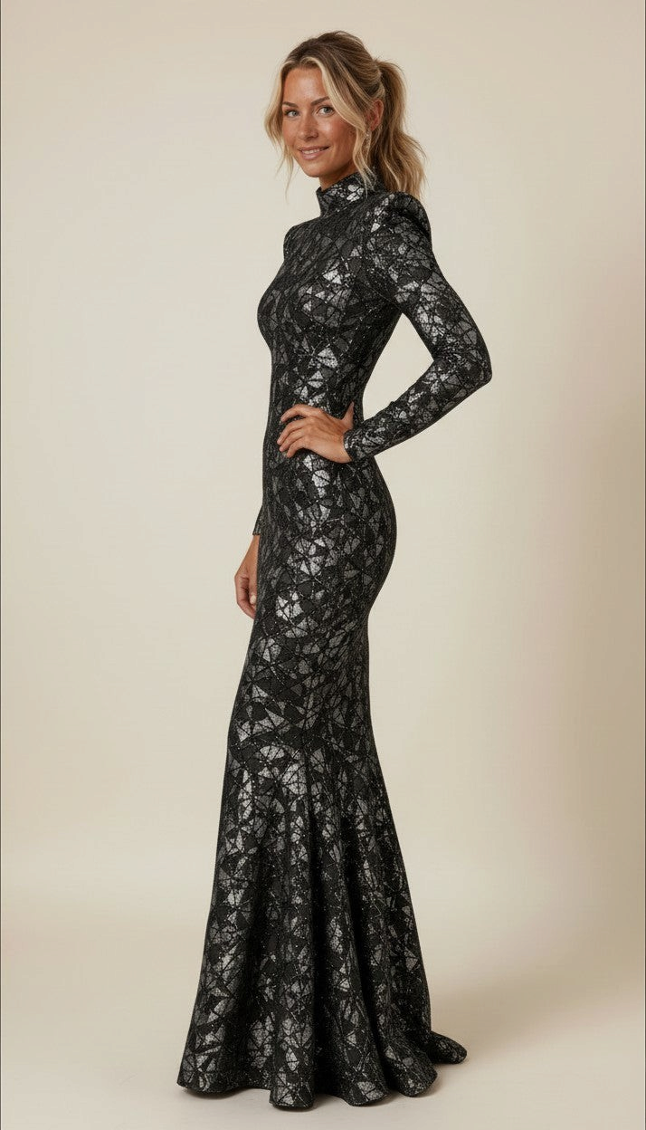 Phural black and silver geometric sequin evening gown with high neckline and long sleeves in a fitted flared silhouette