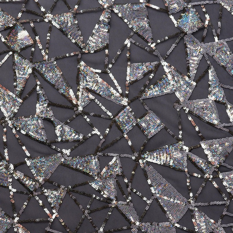 Phural black and silver geometric sequin fabric detail with triangular patterns on a nylon-spandex base