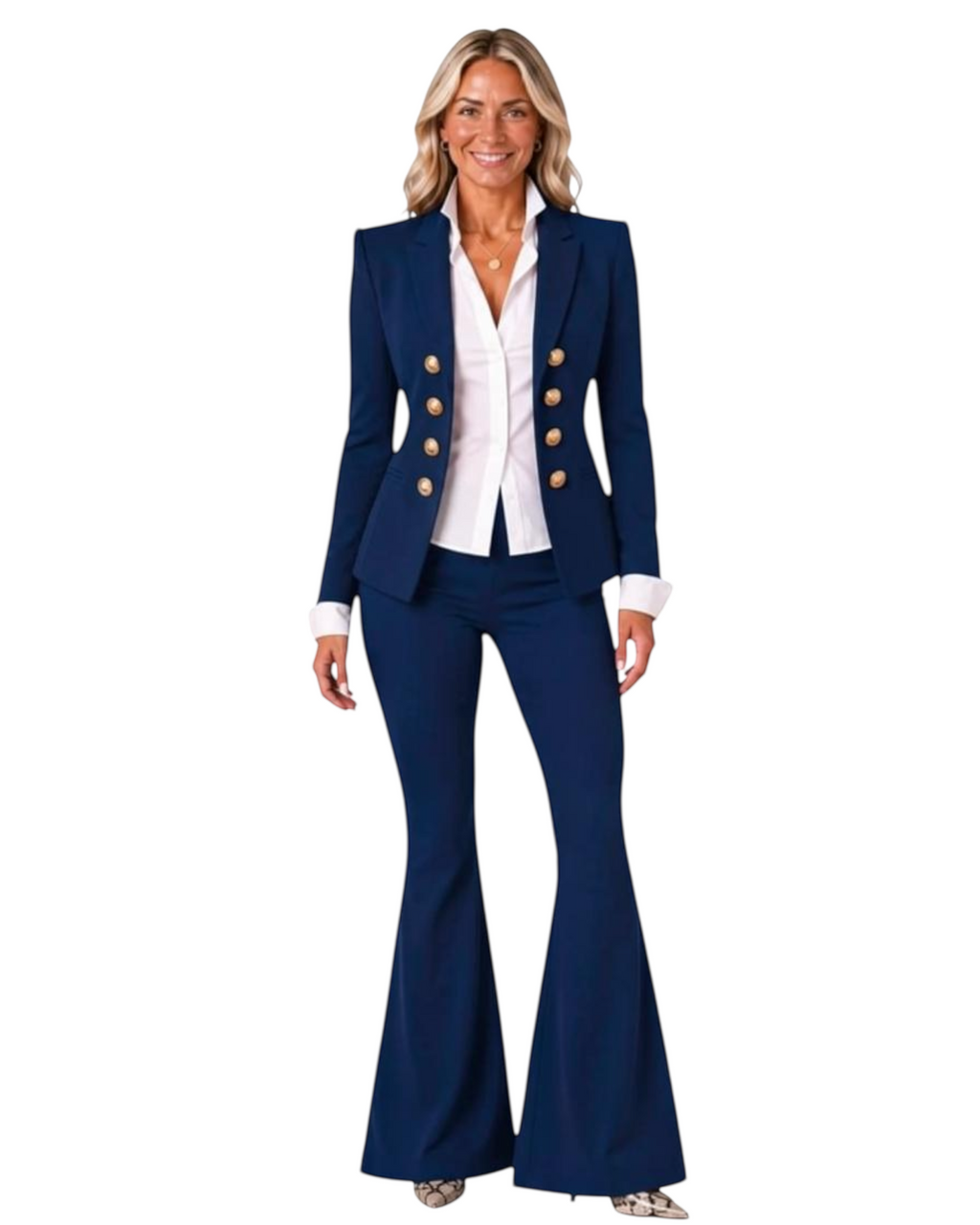 Phural navy Board Meeting Blazer with gold buttons worn by a smiling woman with matching flared trousers
