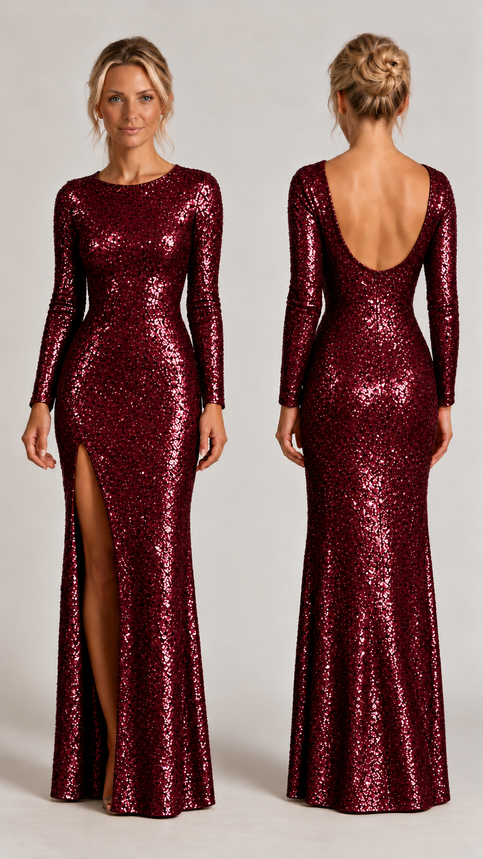 PHURAL Main Attraction burgundy sequin gown, front and back views