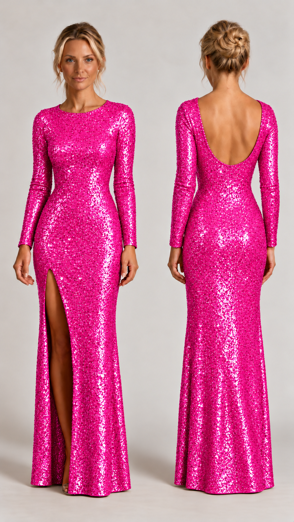 PHURAL Main Attraction Pink sequin gown, front and back views