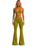 Phural She Did It Anyway Flares in avocado green nylon-spandex with a high-compression waistband and wide-leg fit.