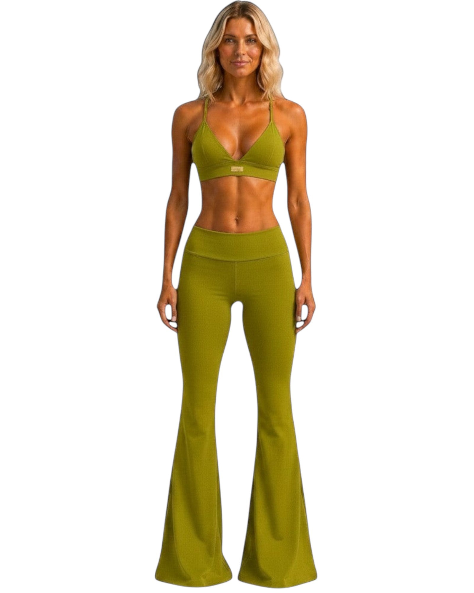 Model wearing Phural She Did It Anyway Flares in Avocado Atelier green high-compression nylon-spandex performance fabric