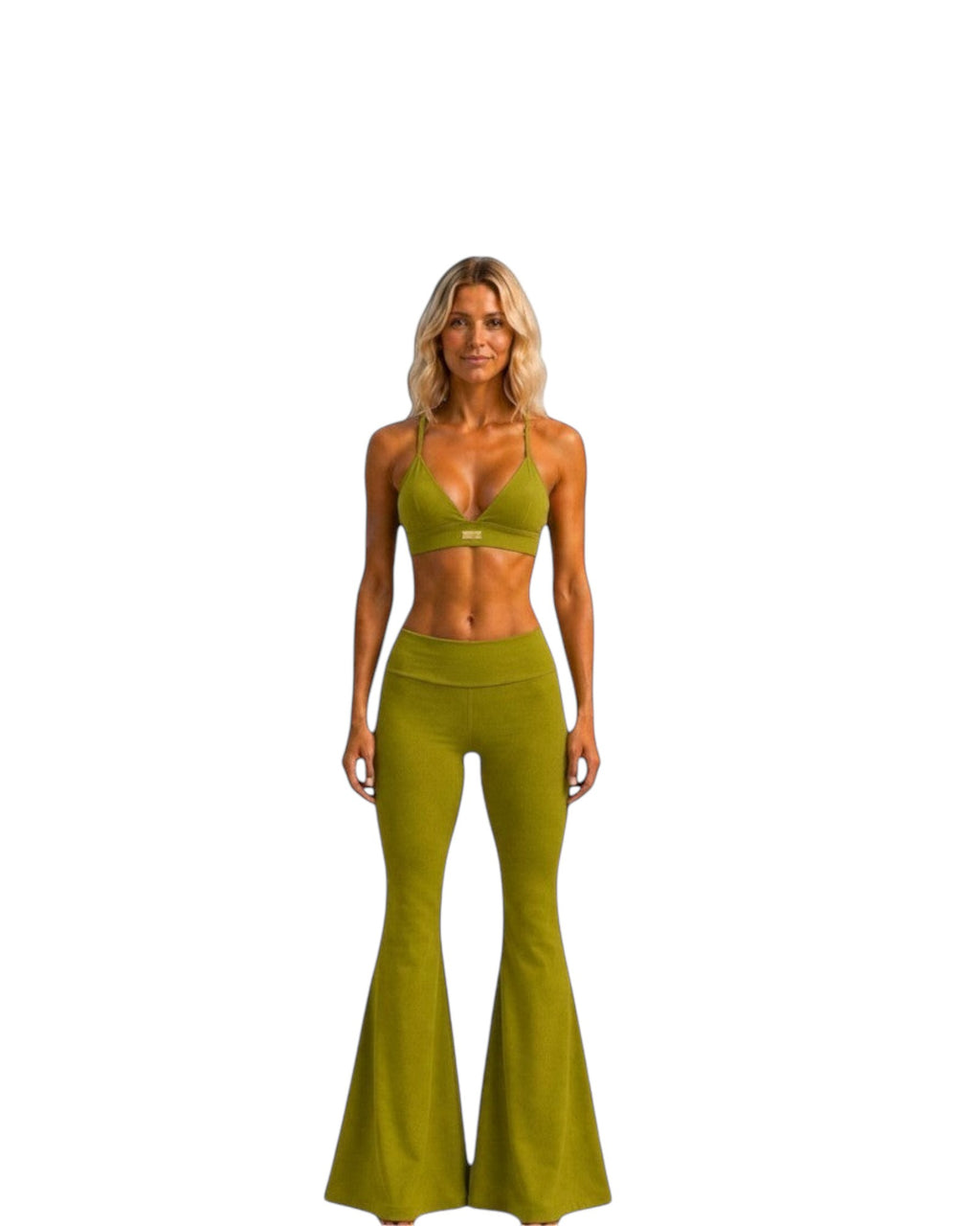 Model wearing Phural She Did It Anyway Flares in Avocado Atelier, a high-compression wide-leg flare pant.