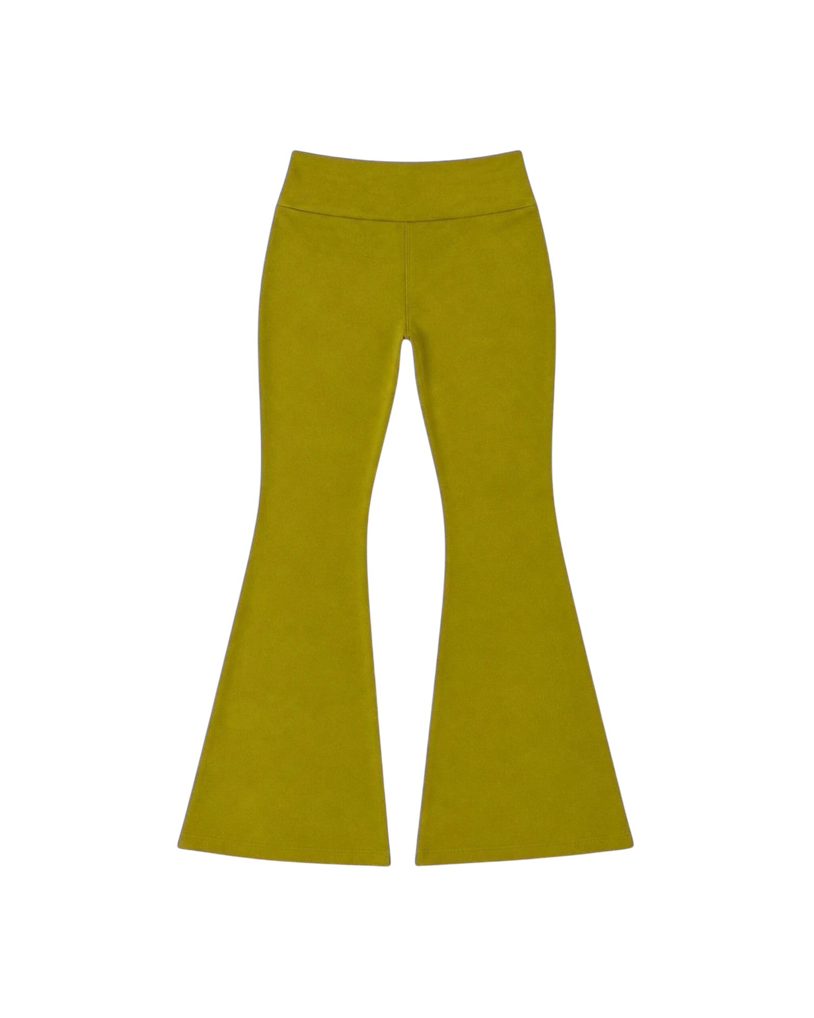 Phural She Did It Anyway high-waisted flare pants in Avocado Atelier green nylon-spandex performance fabric.