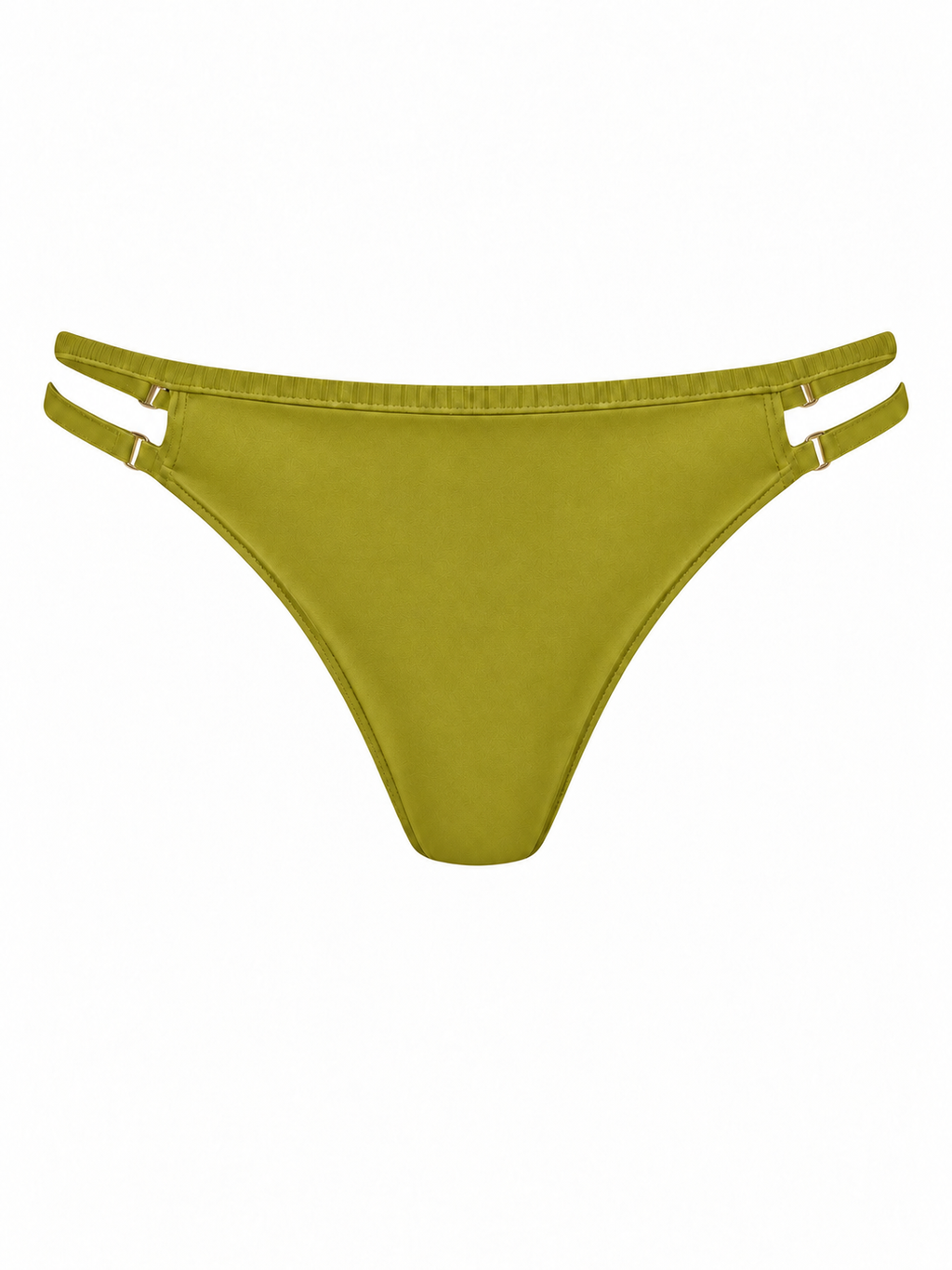 Front view of Avocado Atelier Thanks For The Space Bikini Bottoms with double adjustable side straps and gold-tone hardware.