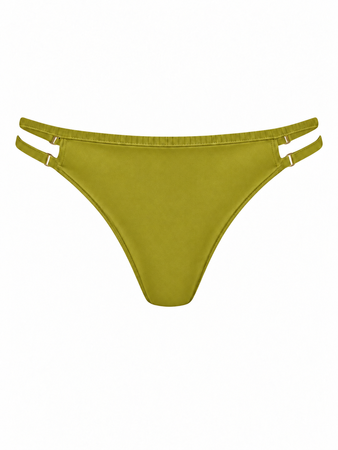 Front view of Avocado Atelier Thanks For The Space Bikini Bottoms with double adjustable side straps and gold-tone hardware.