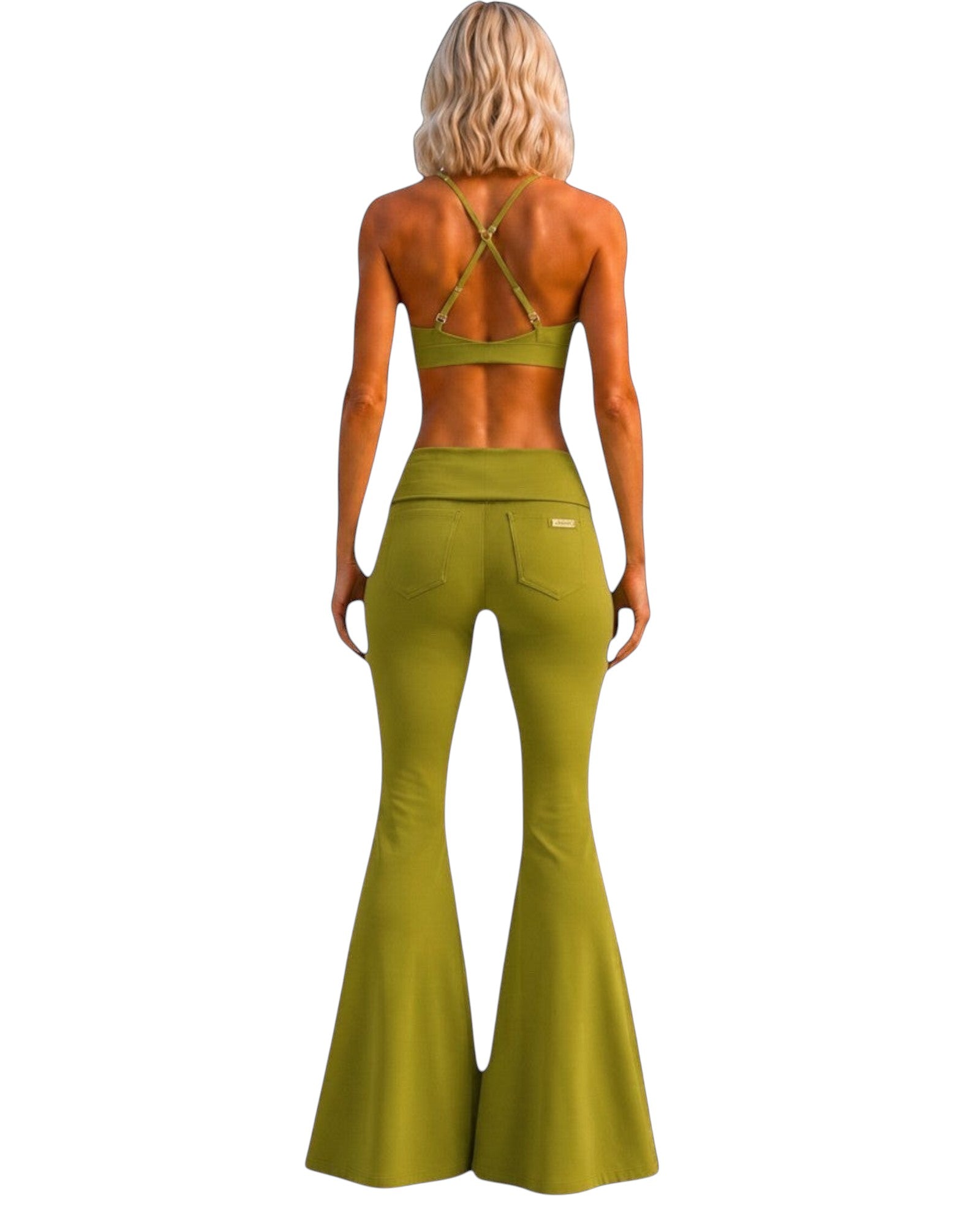Phural She Did It Anyway high-compression avocado green flared leggings with back pockets worn by a blonde model