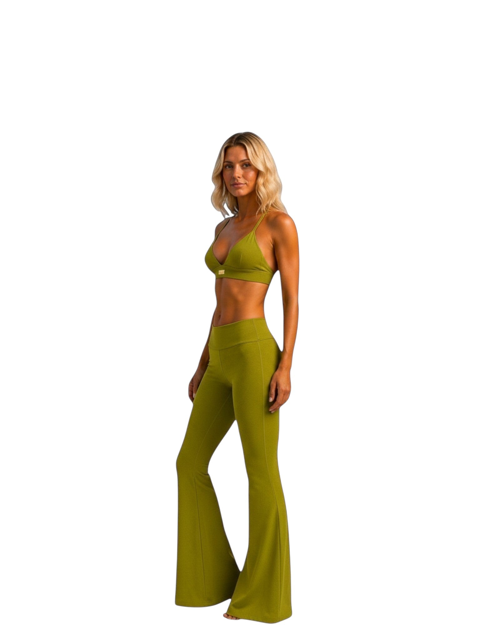 Model wearing Phural avocado green high-compression nylon-spandex flare pants and matching sports bra