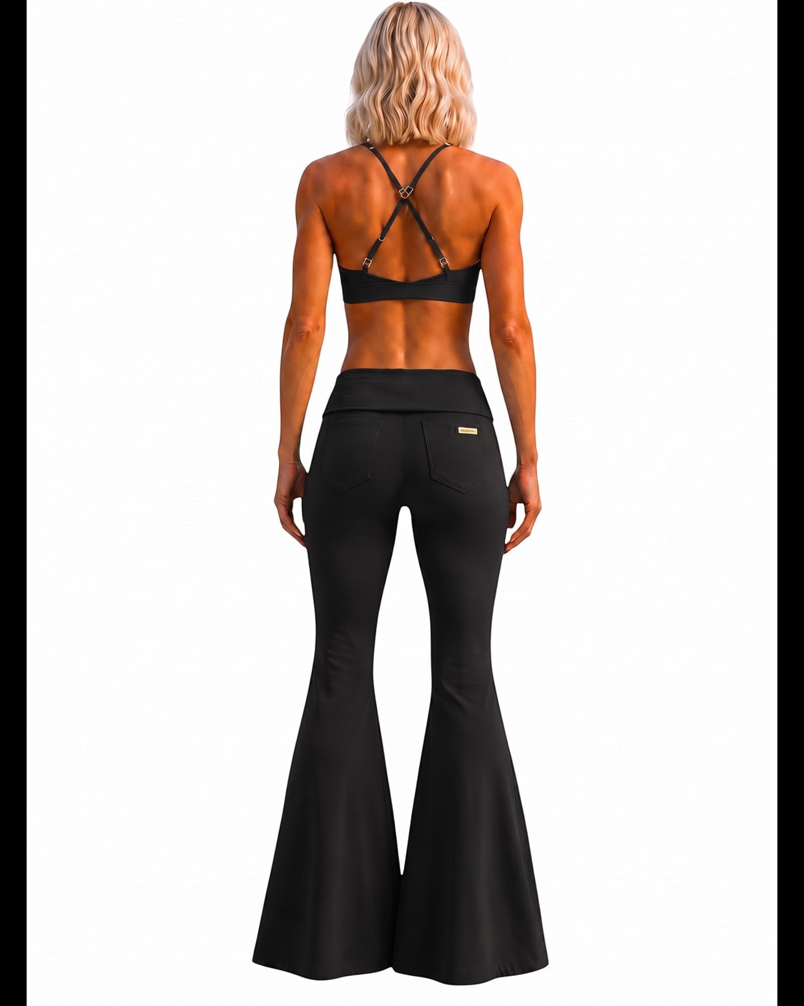 Back view of a blonde model wearing Phural She Did It Anyway Flares in Black Card with a high waistband and back pockets