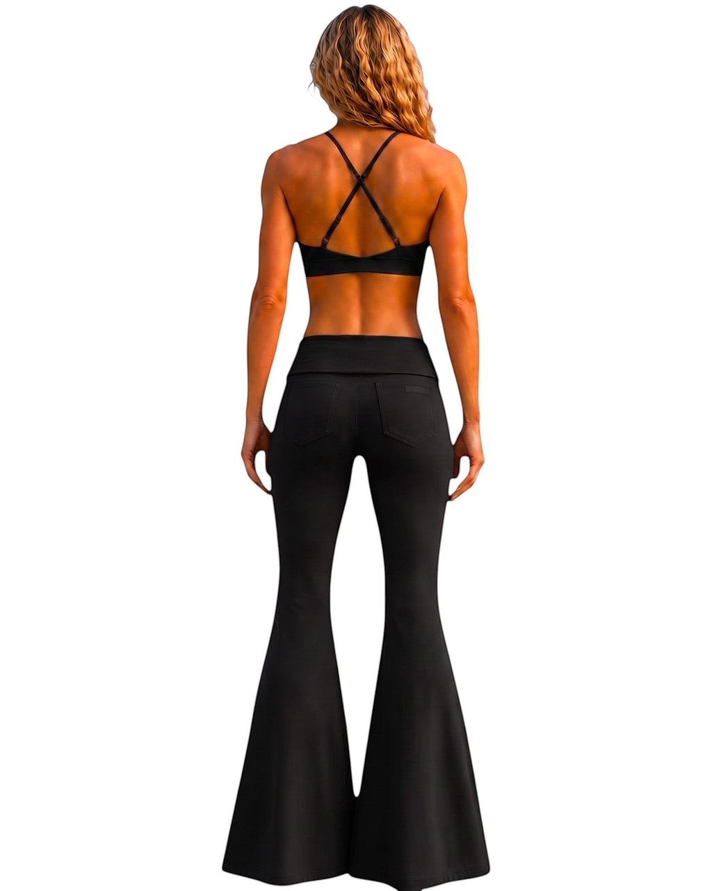 Phural She Did It Anyway Flares in Black Card, a high-compression nylon-spandex wide-leg pant with back pockets.