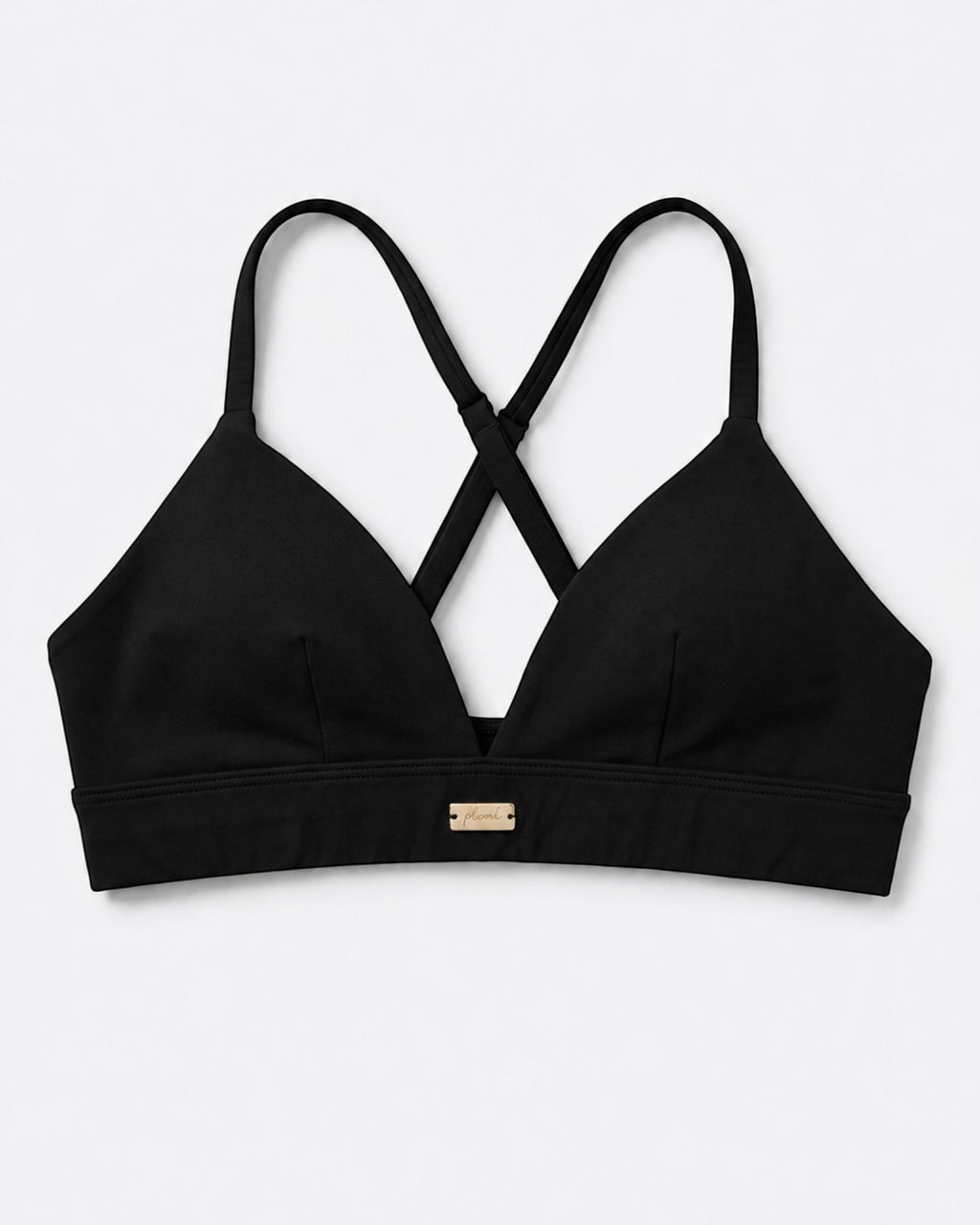Phural black convertible bra-kini top with racerback straps and gold hardware detail on a white background.