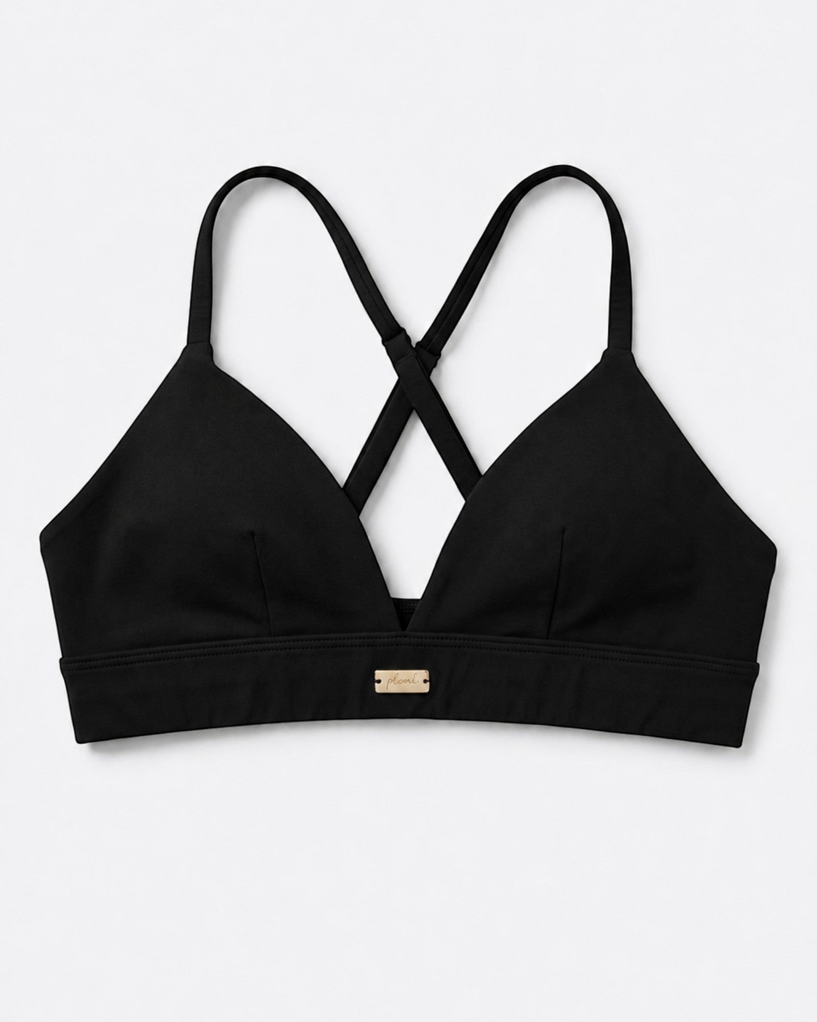 Phural black convertible bra-kini top with racerback straps and gold hardware detail on a white background.