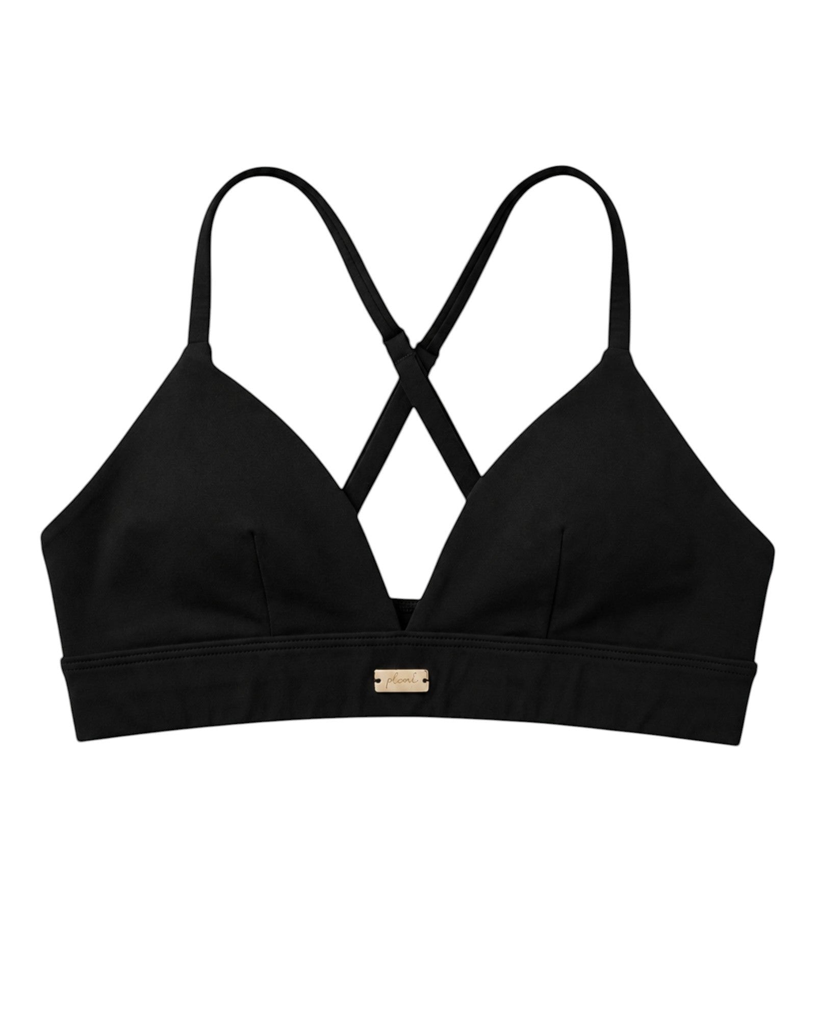 Phural black convertible bra-kini top with racerback straps and gold hardware detail on a white background.