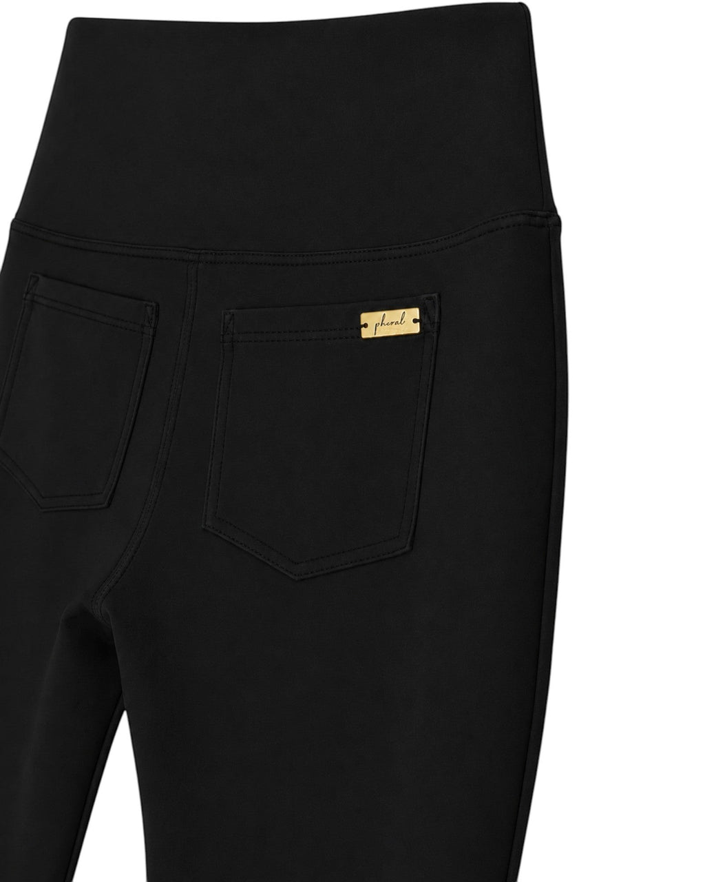 Phural She Did It Anyway Flares in Black Card featuring a high waistband and back pockets with a gold logo plaque.