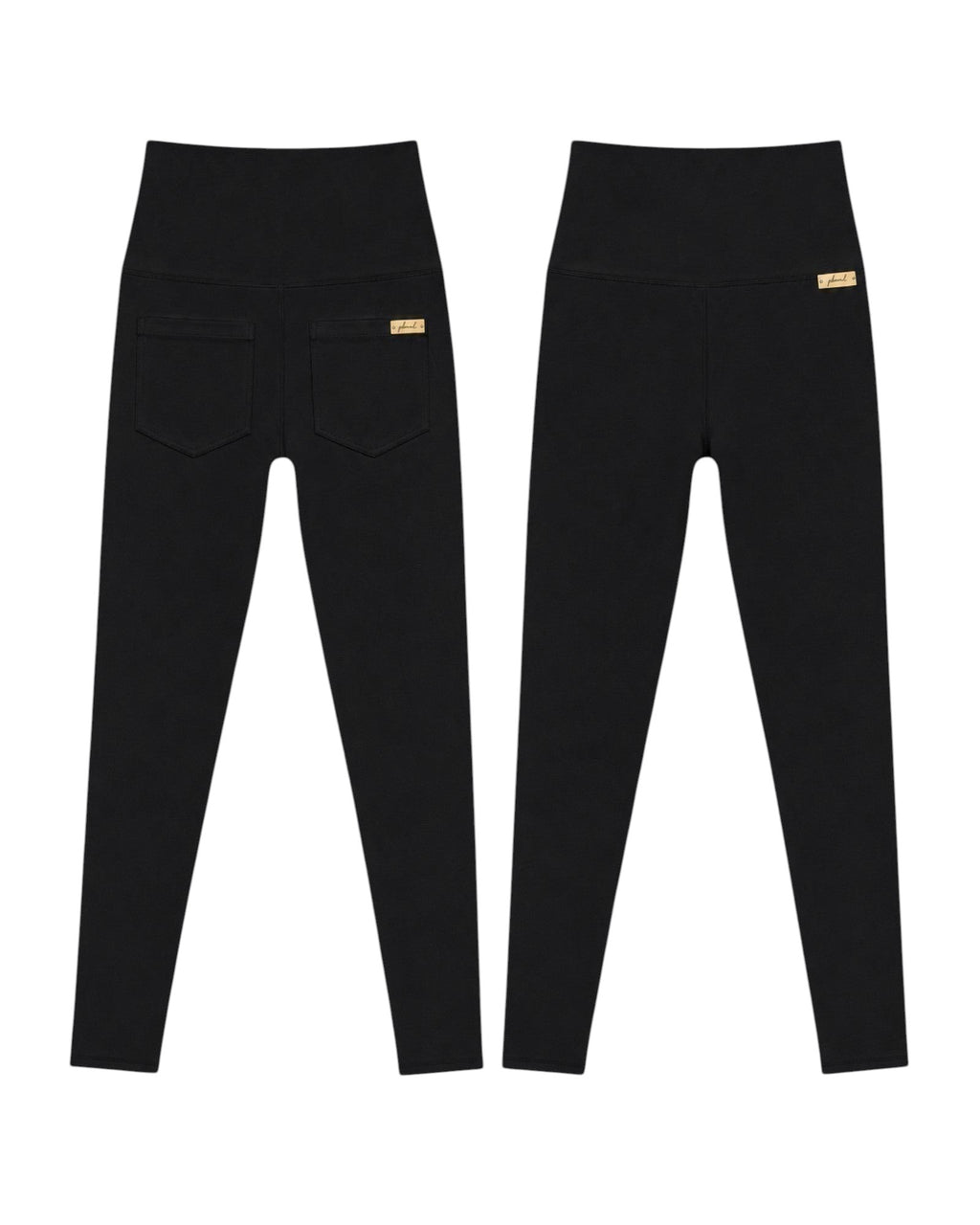 Phural Made For More black high-waisted leggings with back pockets and a small logo tag on a white background.