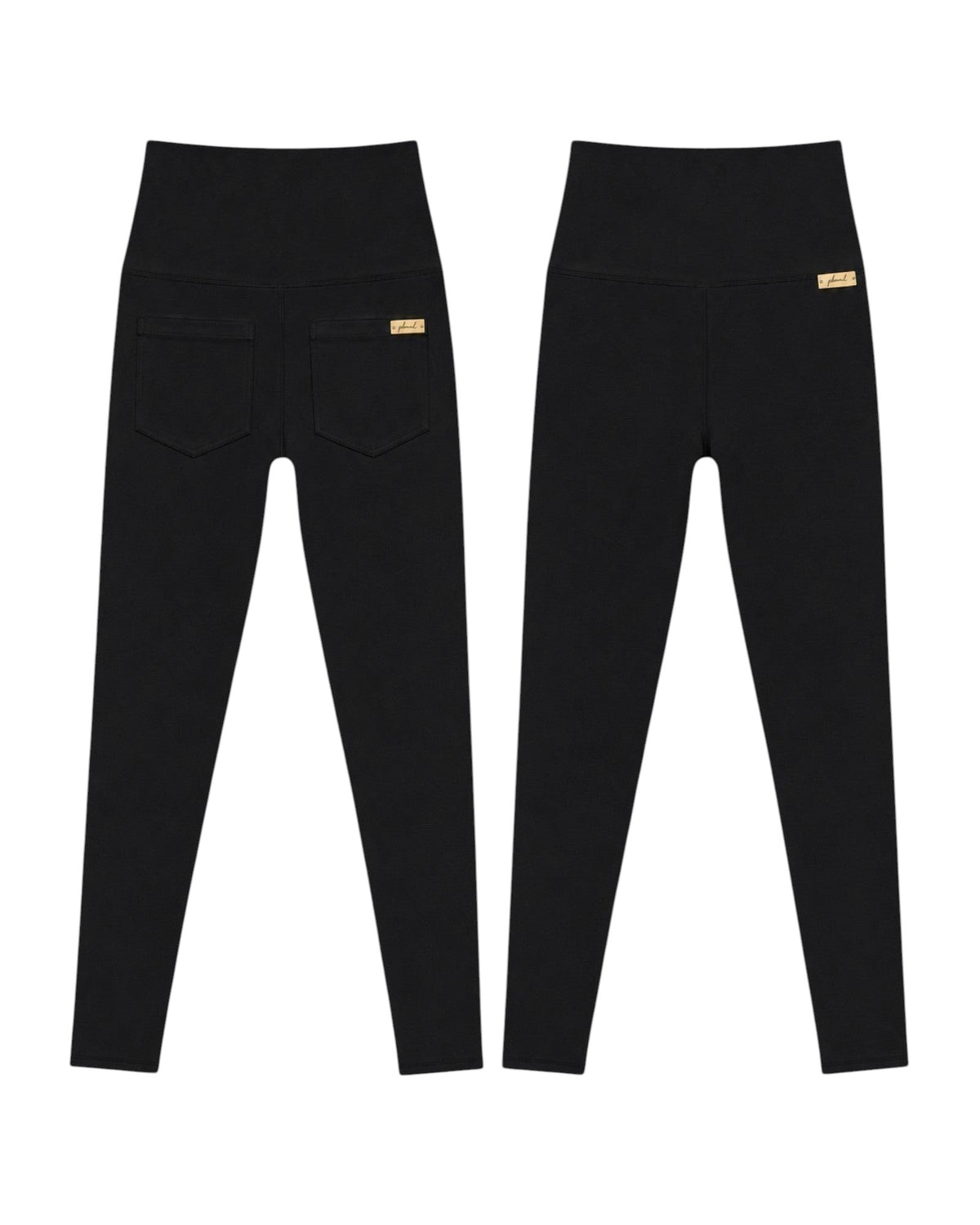 Phural Made For More black high-waisted leggings with back pockets and a small logo tag on a white background.