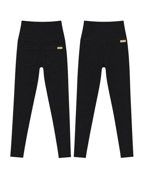 Phural Made For More black high-waisted leggings with back pockets and a small logo tag on a white background.