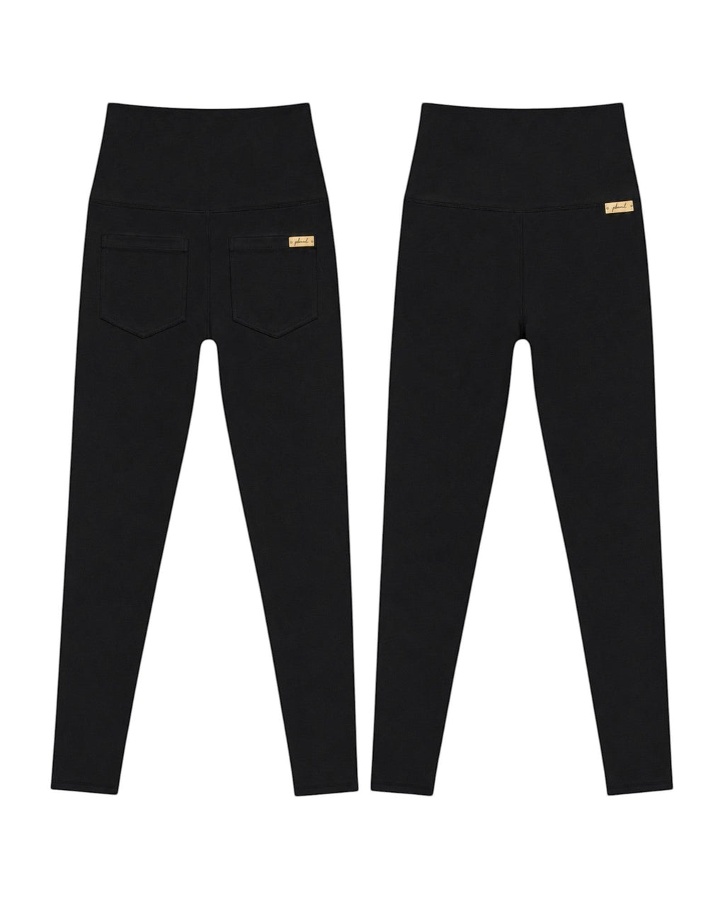 Phural black high-waisted performance leggings with back pockets and a small gold logo tag on a white background.