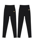 Phural black high-waisted performance leggings with back pockets and a small gold logo tag on a white background.