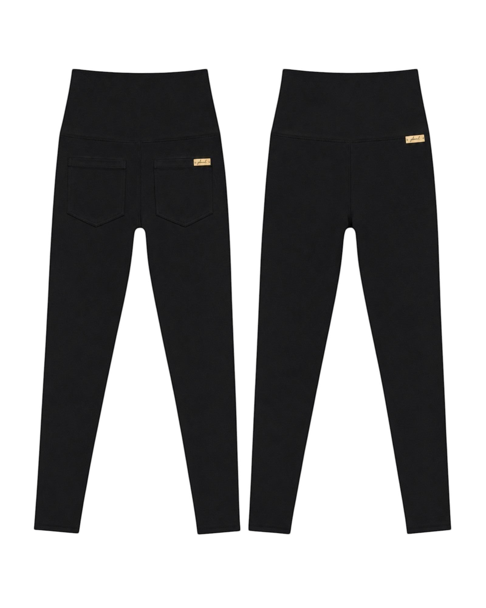 Phural black high-waisted performance leggings with back pockets and a small gold logo tag on a white background.
