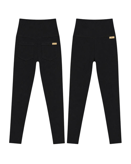 Phural black high-waisted performance leggings with back pockets and a small gold logo tag on a white background.