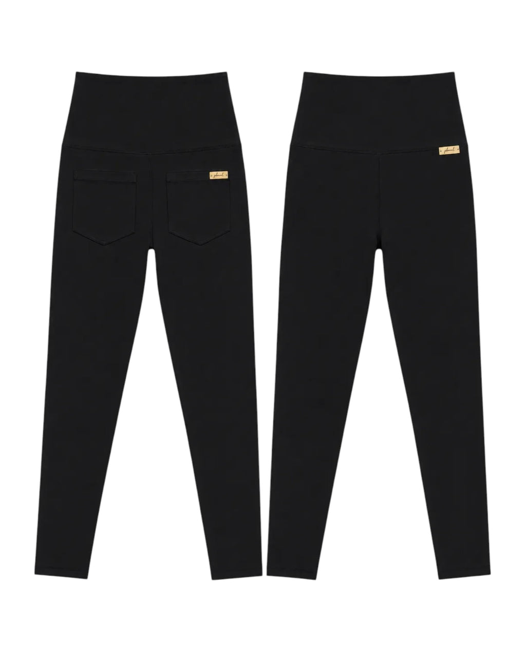 Phural Made For More black high-waisted performance leggings showing front and back views with a sleek seamless design