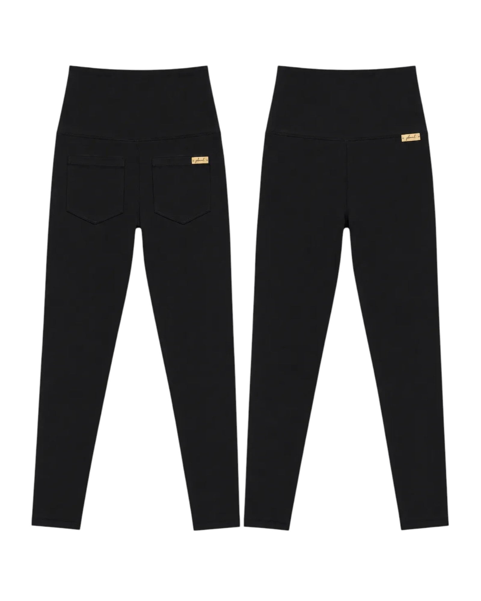 Phural Made For More black high-waisted performance leggings showing front and back views with a sleek seamless design