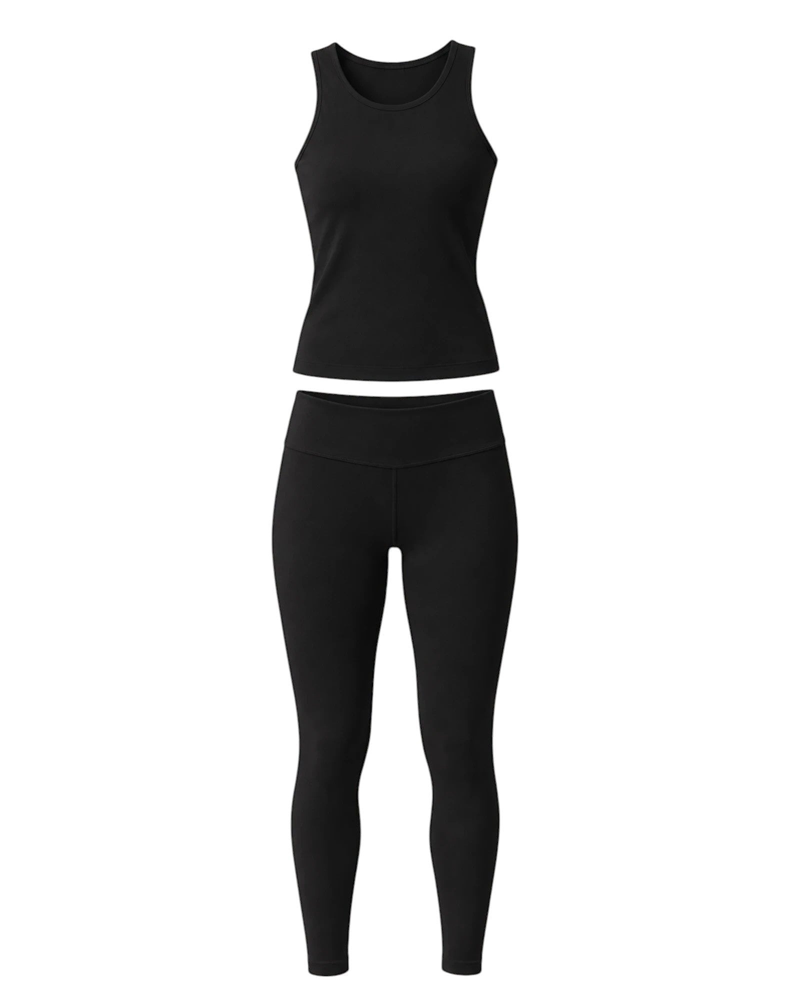 Phural black high-compression tank top and matching leggings set in a lightweight nylon-spandex performance fabric.