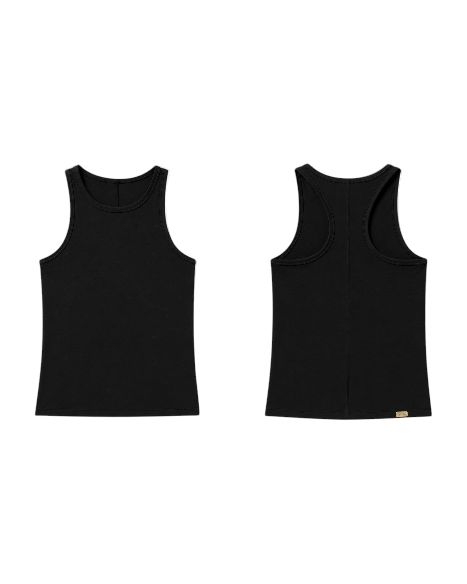 Phural black racerback tank top shown from front and back views with a subtle brand tag at the hem.