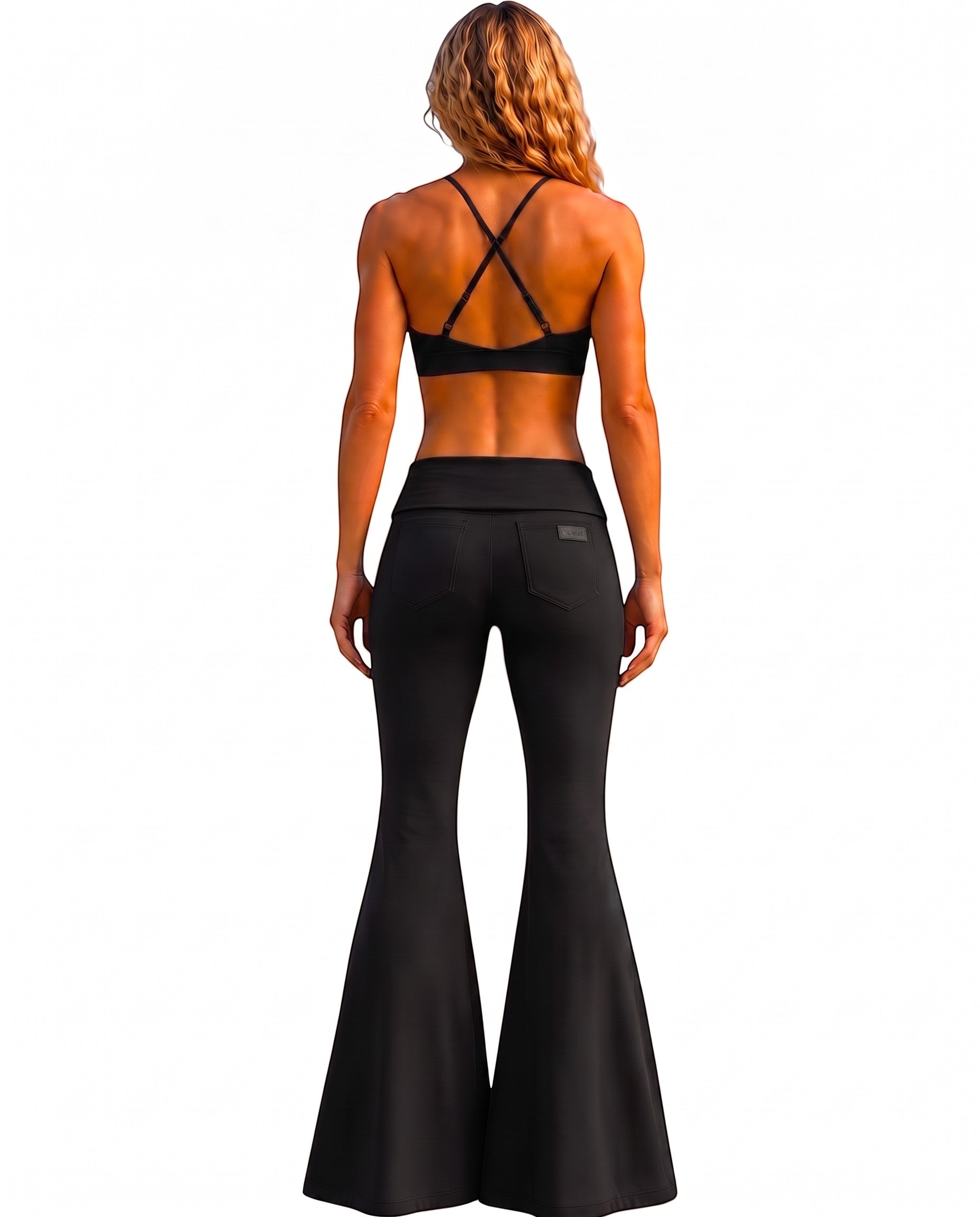 Phural Watch Me Super Flares in Black Card, a high-compression nylon-spandex wide-leg pant with back pockets.