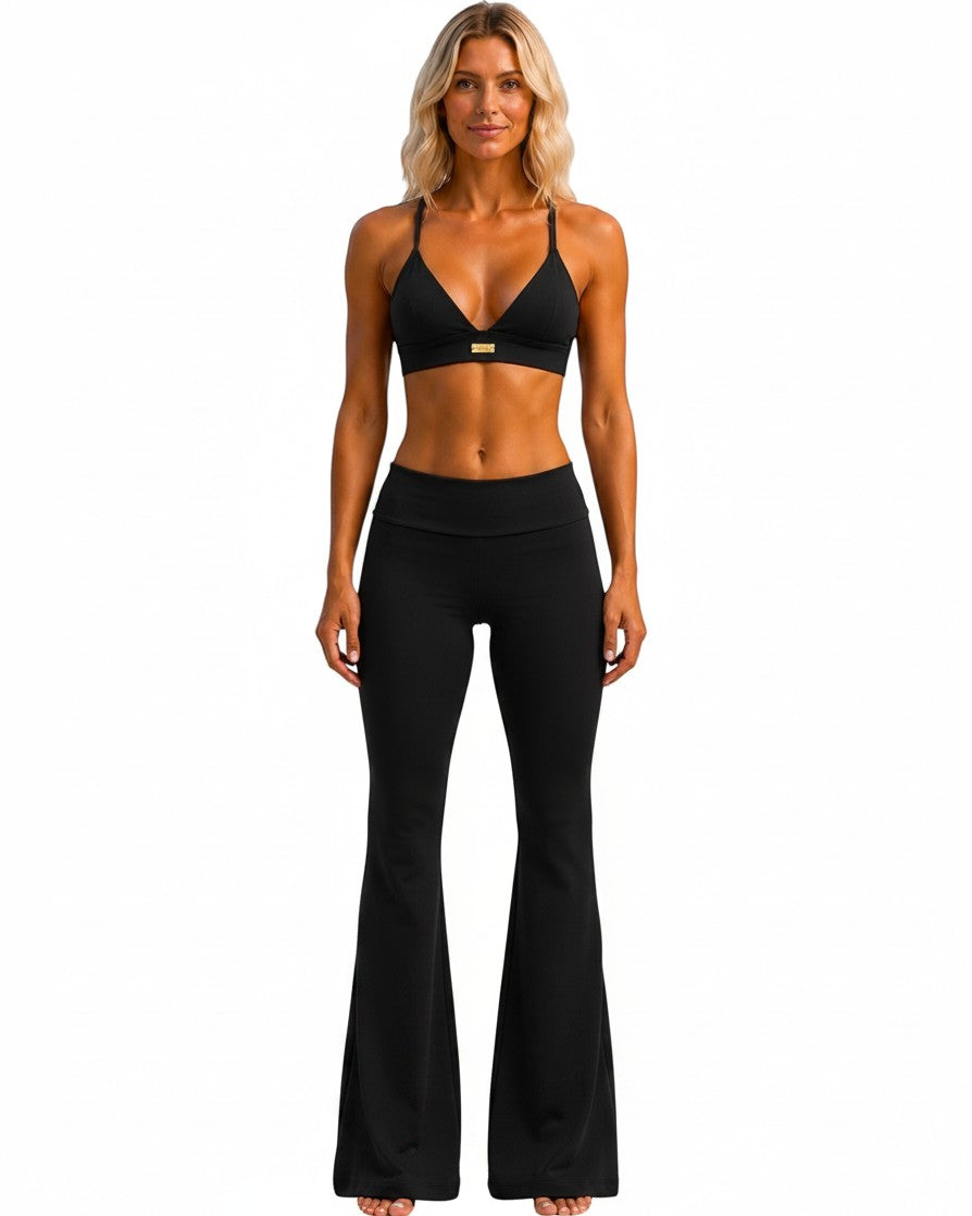 Phural Watch Me Super Flares in Black Card nylon-spandex with a high-compression waistband and wide-leg silhouette.