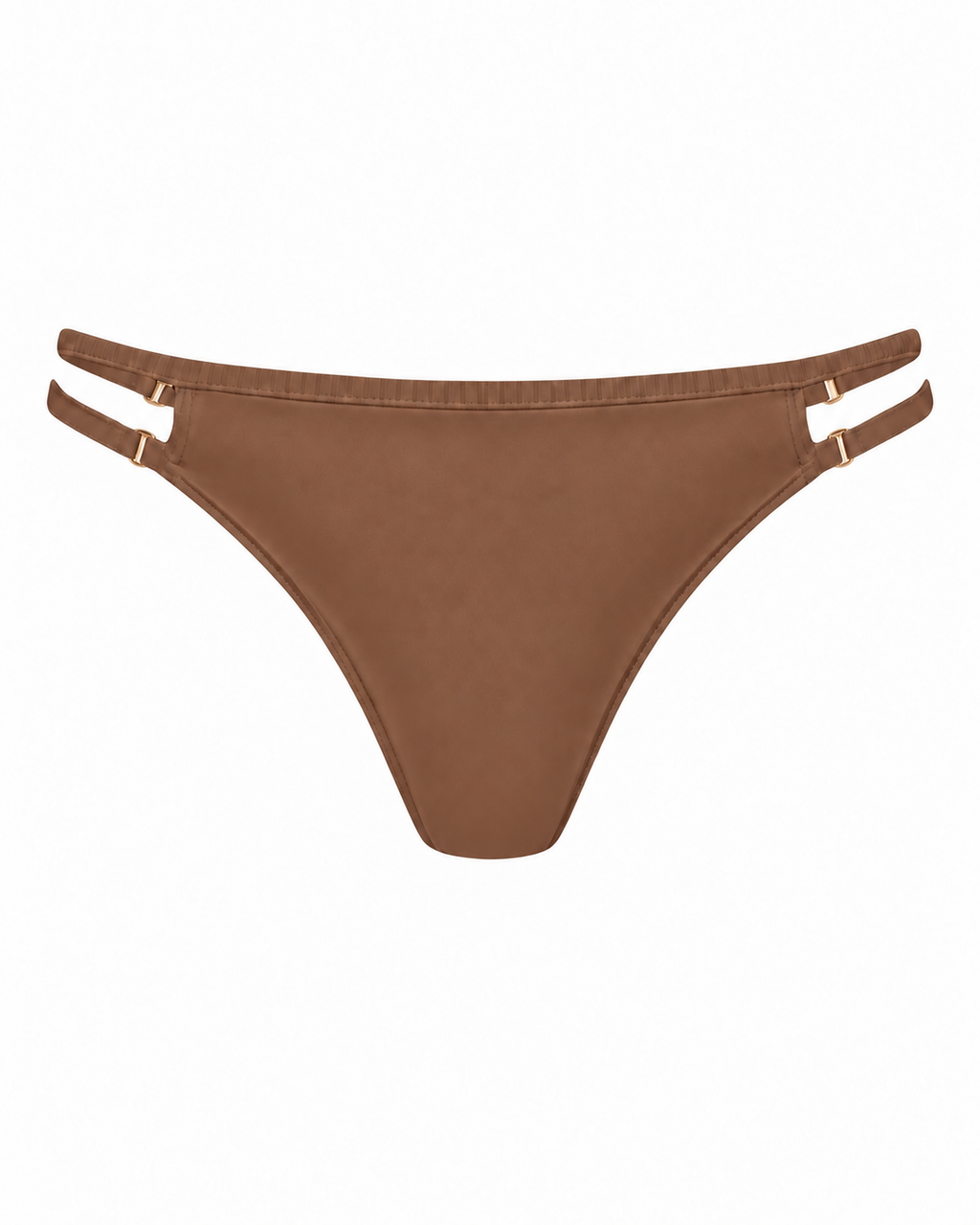 Front view of Cocoa Cashmere Thanks For The Space Bikini Bottoms with double adjustable side straps and gold-tone hardware.